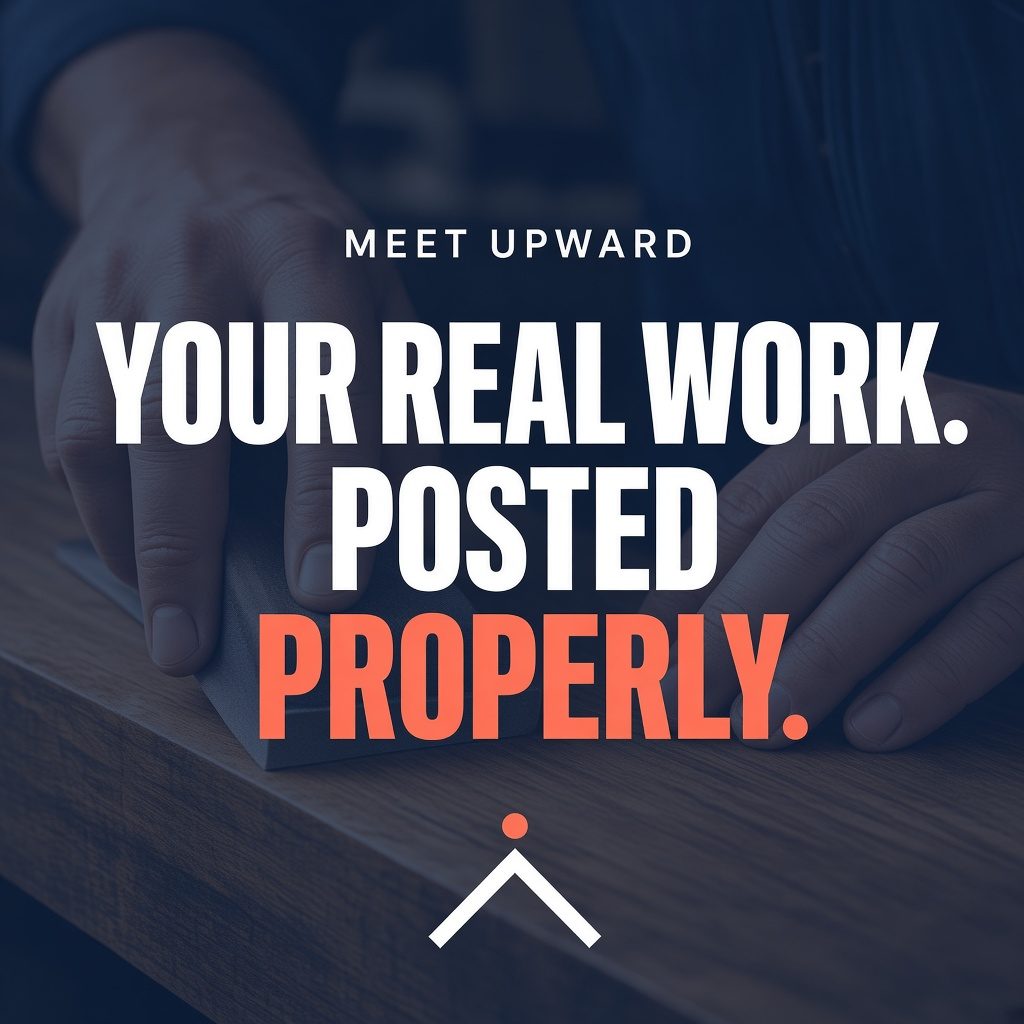Launch post: hands sanding a timber benchtop under the words Your real work. Posted properly.